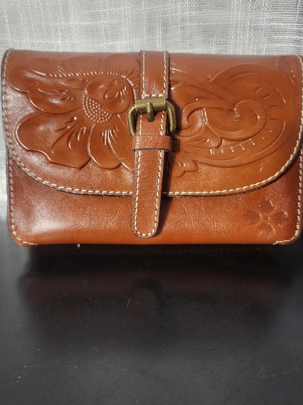 Patricia Nash Tan Brown Embossed Leather Clutch with Buckle
